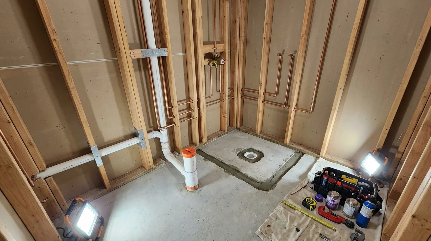 Bathroom rough-in plumbing during remodel by Johns Plumbing LLC in Richmond