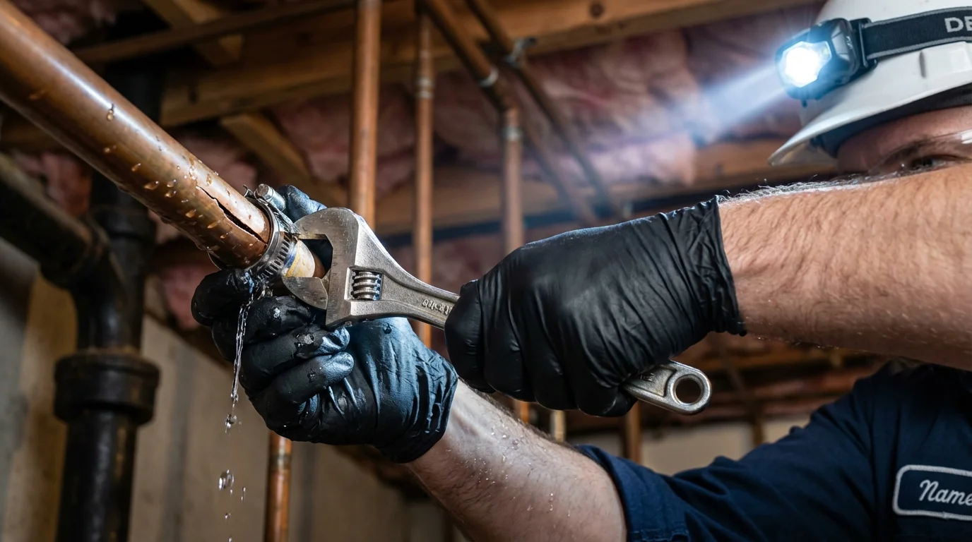 Emergency pipe clamp repair being performed by a Johns Plumbing LLC plumber in Richmond