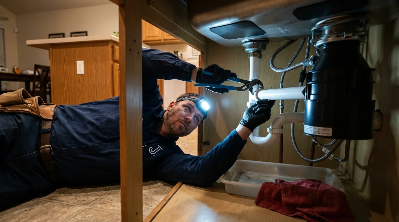 P-trap and supply line connections under a kitchen sink showing a common leak point in Richmond, UT